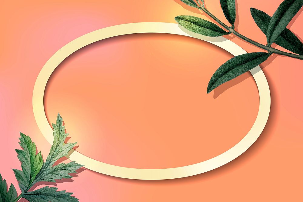 Oval gold frame with green leaves on orange background vector