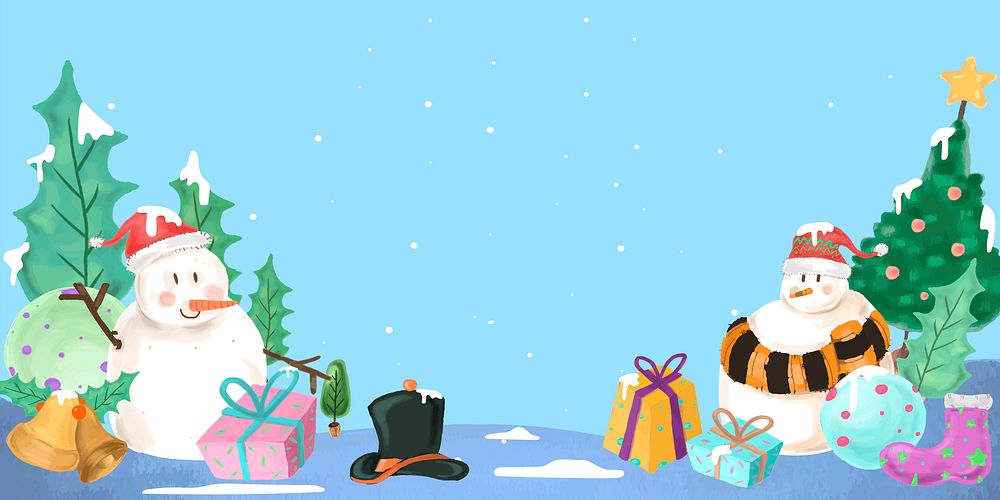 Cute snowman pattern on blue background vector
