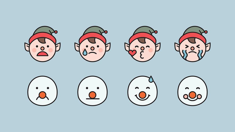 Elf and snowman emoticon set isolated on blue background vector