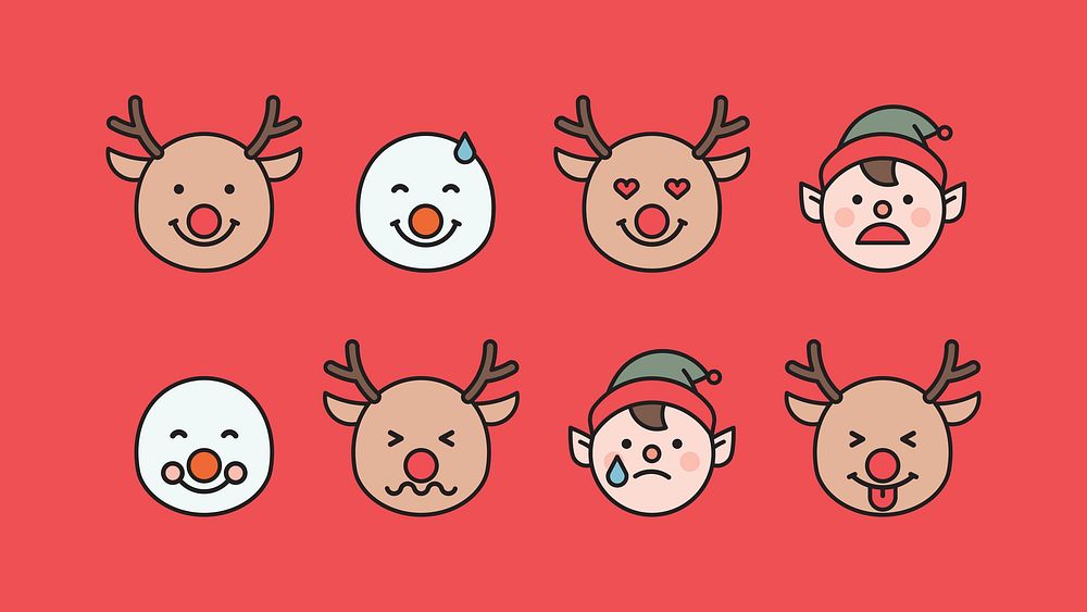 Santa, Rudolph reindeer and elf emoticons set isolated on red background vector