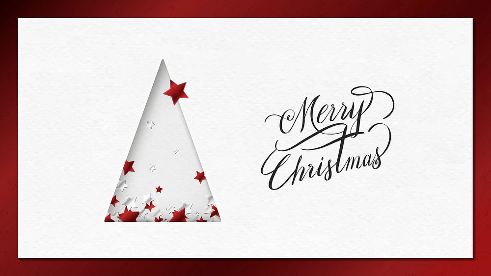 Paper cut Christmas tree greeting card design with red frame vector