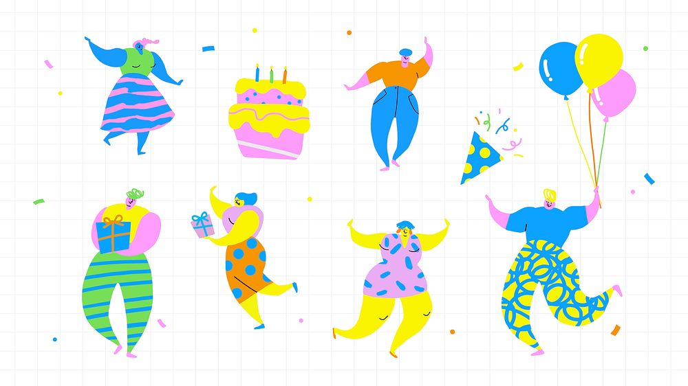Happy people celebrating a birthday party doodles set illustration