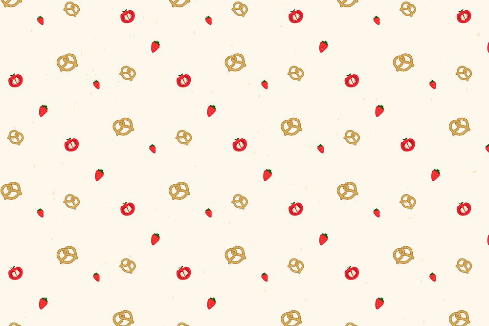 Pretzel strawberry tomato seamless pattern beige background