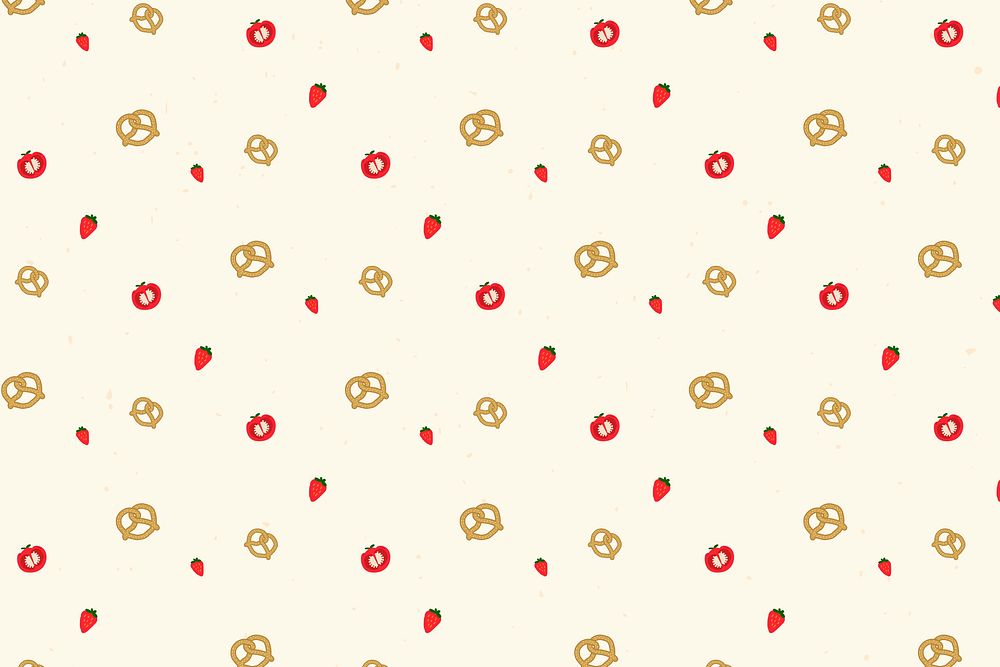 Psd pretzel strawberry tomato seamless pattern beige background