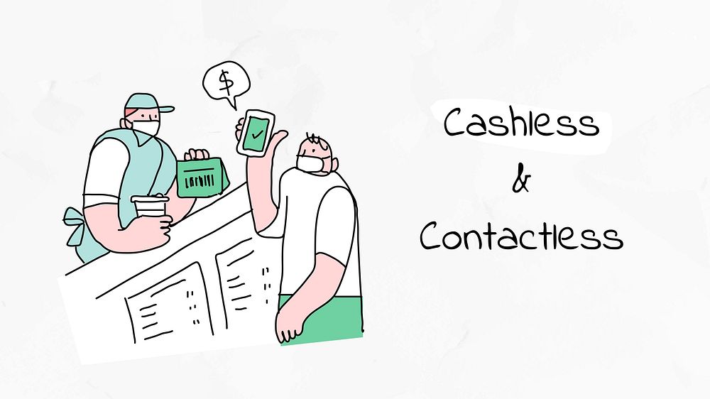 Cashless & Contactless payment new normal lifestyle doodle poster