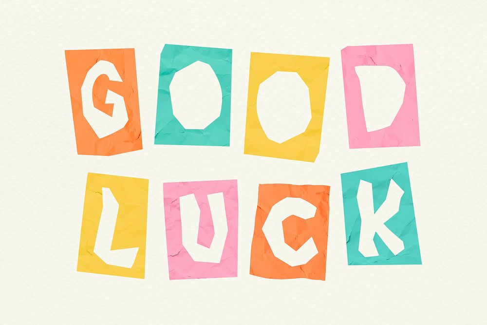 Paper cutout font GOOD LUCK word psd colorful typography 
