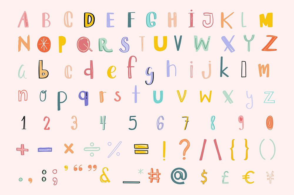 Alphabet numbers punctuations psd doodle font pastel set