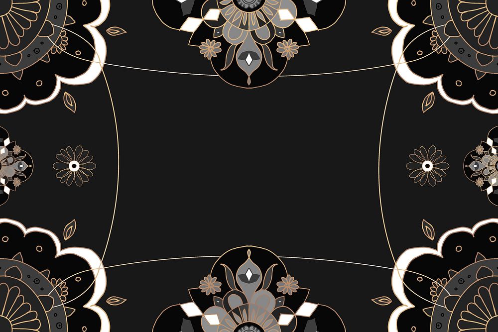 Mandala pattern gold frame vector black floral Indian style