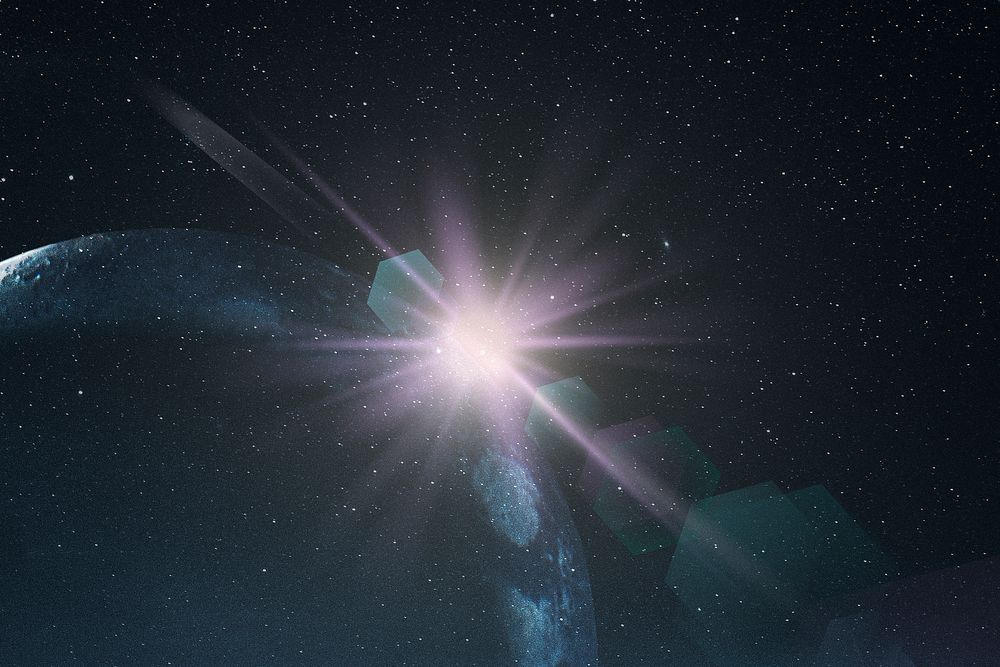 Purple lens flare with hexagon ghost background in the space