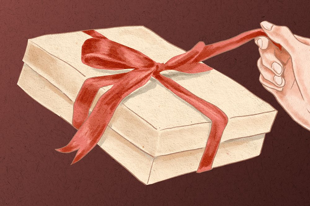 Valentine&rsquo;s gift box being unwrapped hand drawn illustration