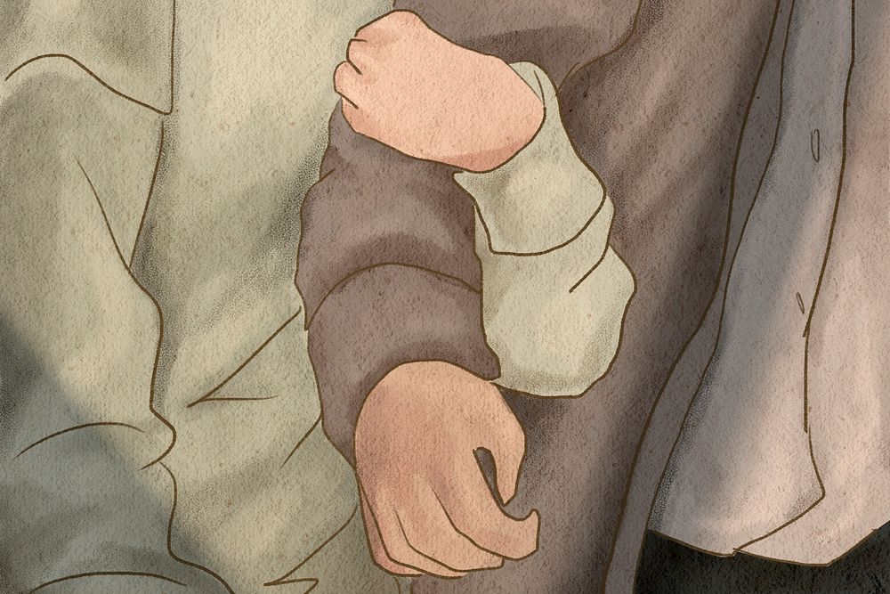 Girlfriend hugging boyfriend&rsquo;s arm Valentine&rsquo;s theme hand drawn illustration