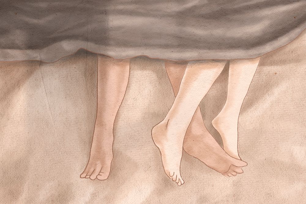 Couple&rsquo;s feet on bed romantic Valentine&rsquo;s hand drawn illustration