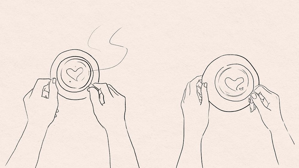 Coffee date Valentine&rsquo;s psd black and white line drawing