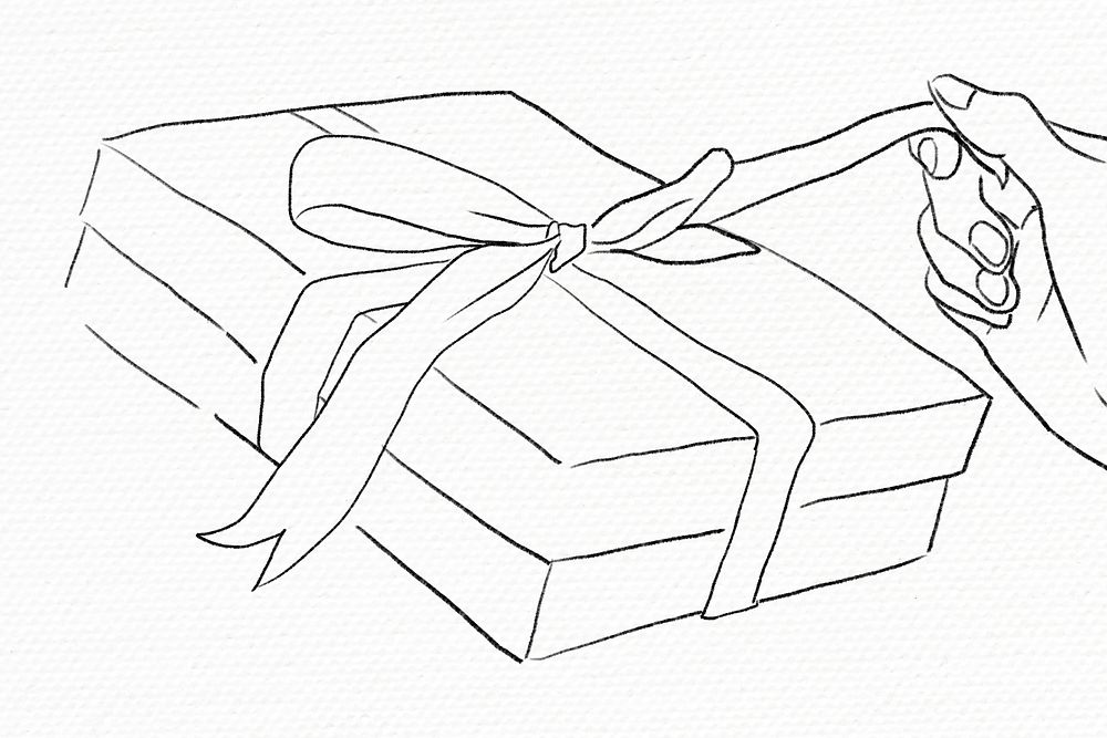 Valentine&rsquo;s gift box being unwrapped black and white illustration