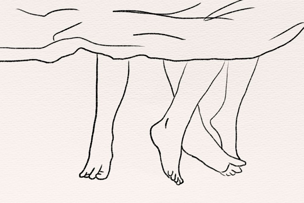 Couple&rsquo;s feet on bed black and white romantic Valentine&rsquo;s illustration