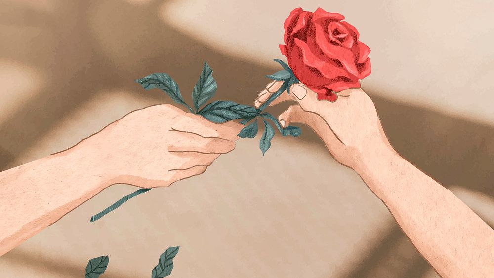 Valentine&rsquo;s couple exchanging rose vector hand drawn illustration