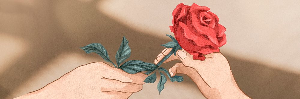 Valentine&rsquo;s couple exchanging rose psd hand drawn illustration