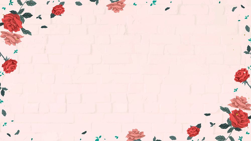 Valentine&rsquo;s red roses frame vector transparent with pink brick wall background