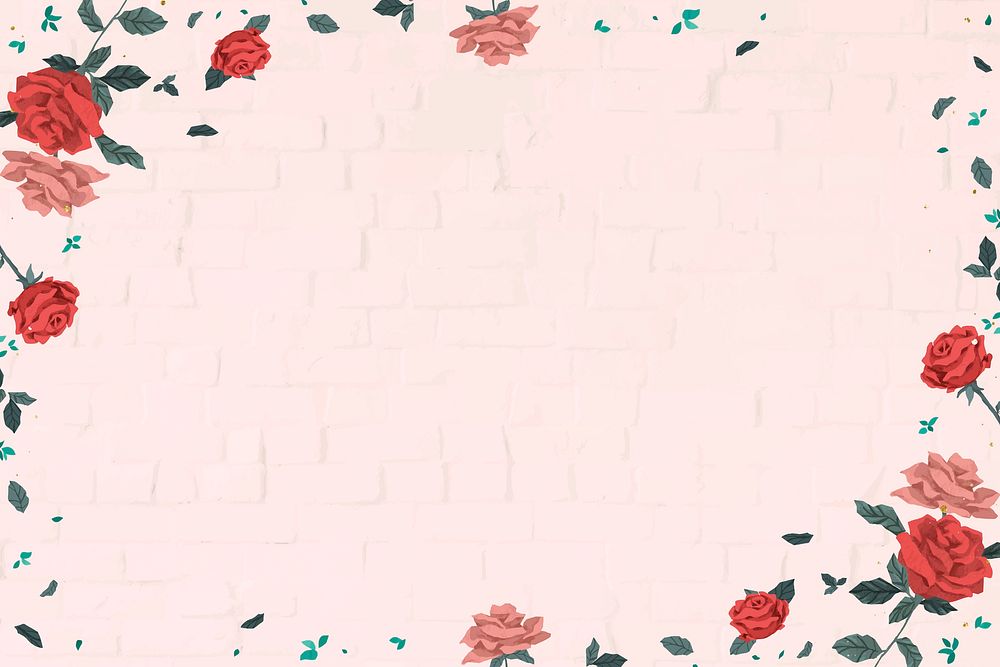Valentine&rsquo;s red roses frame vector with pink brick wall background 