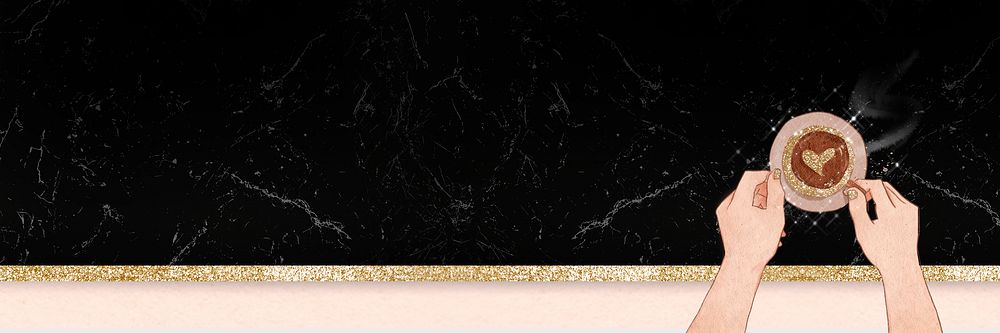 Heart coffee Valentine&rsquo;s psd banner black glittery marble background