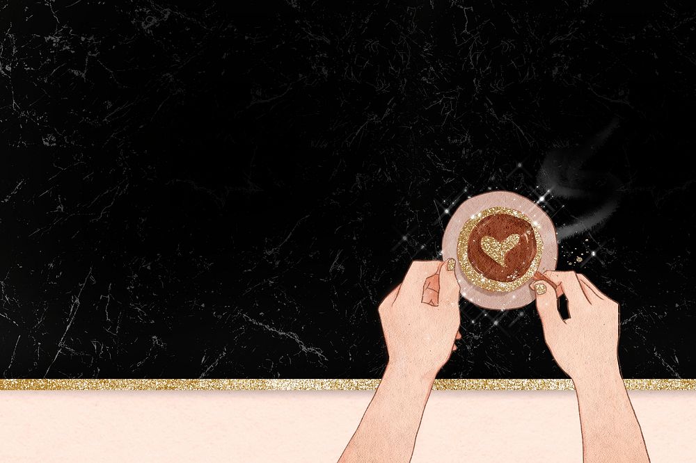 Heart latte art border in black glittery marble texture background