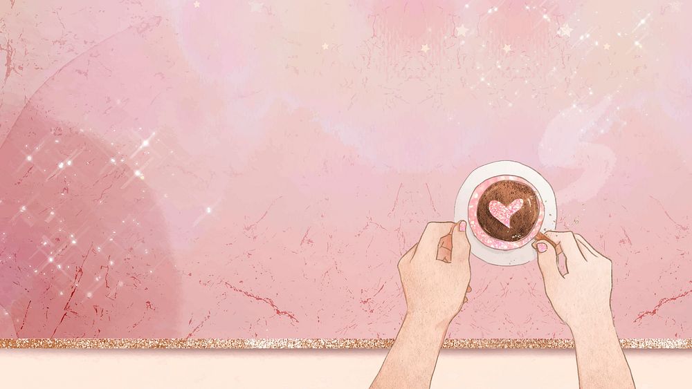 Cute heart coffee vector pink glittery marble texture background