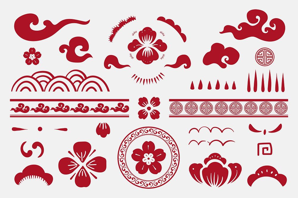 Chinese flowers red psd stickers collection
