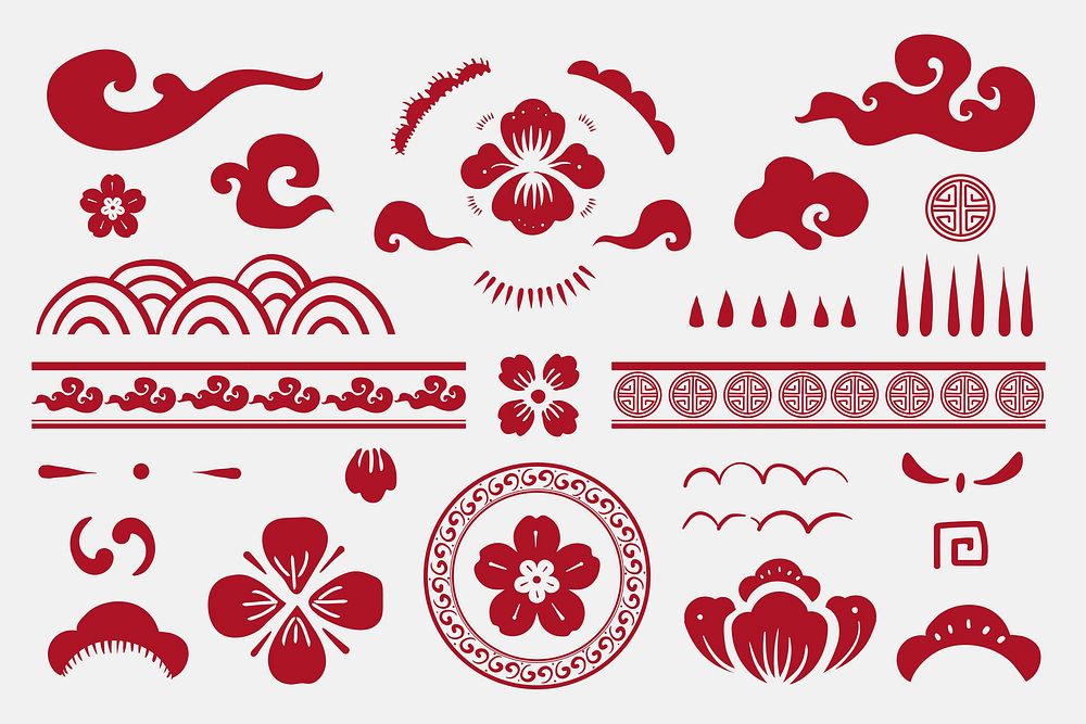 Chinese flowers red vector stickers collection