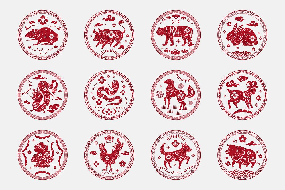 Chinese horoscope animals badges psd red new year design elements set
