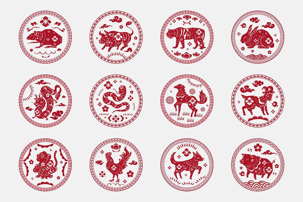 Chinese horoscope animals badges vector red new year design elements set