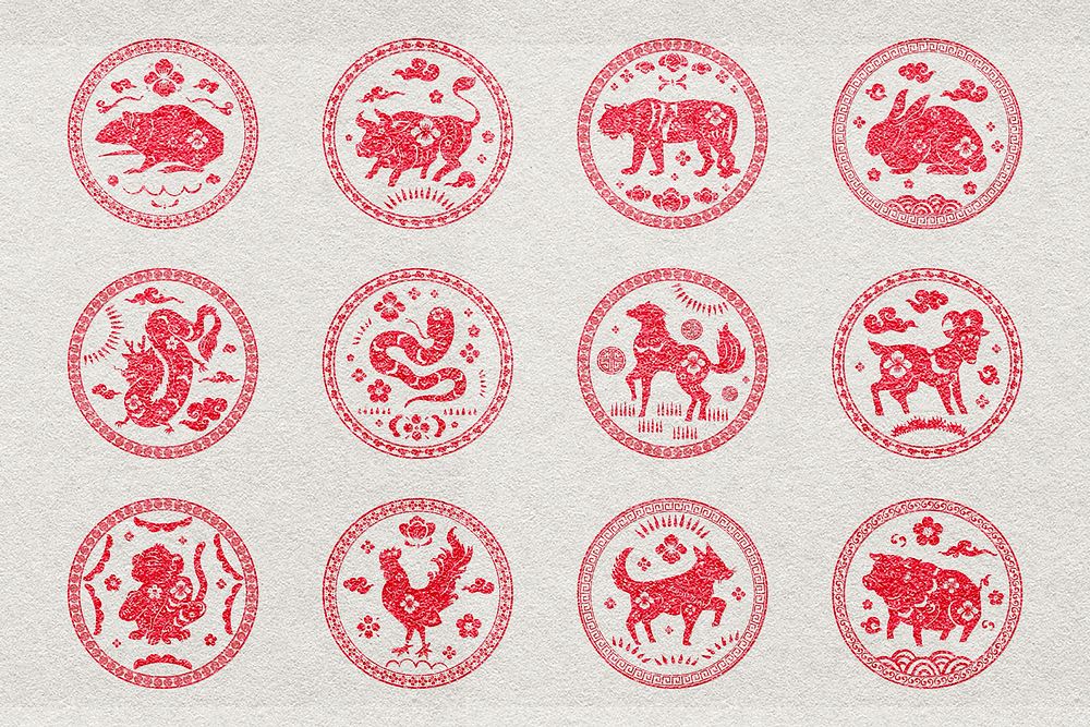 Chinese animal zodiac badges vector red new year stickers collection