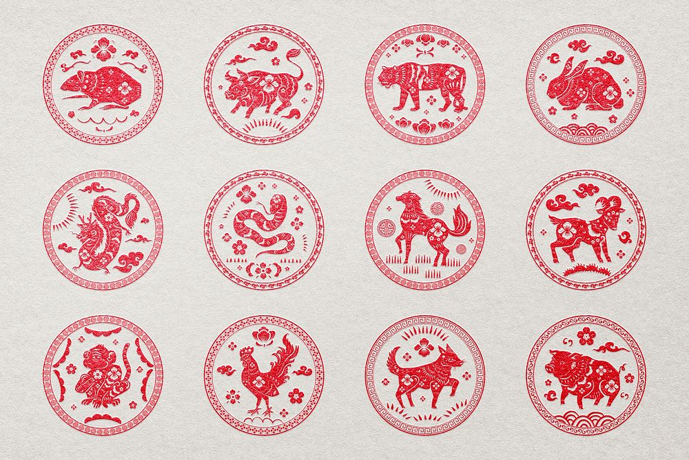 Chinese animal zodiac badges psd red new year stickers collection