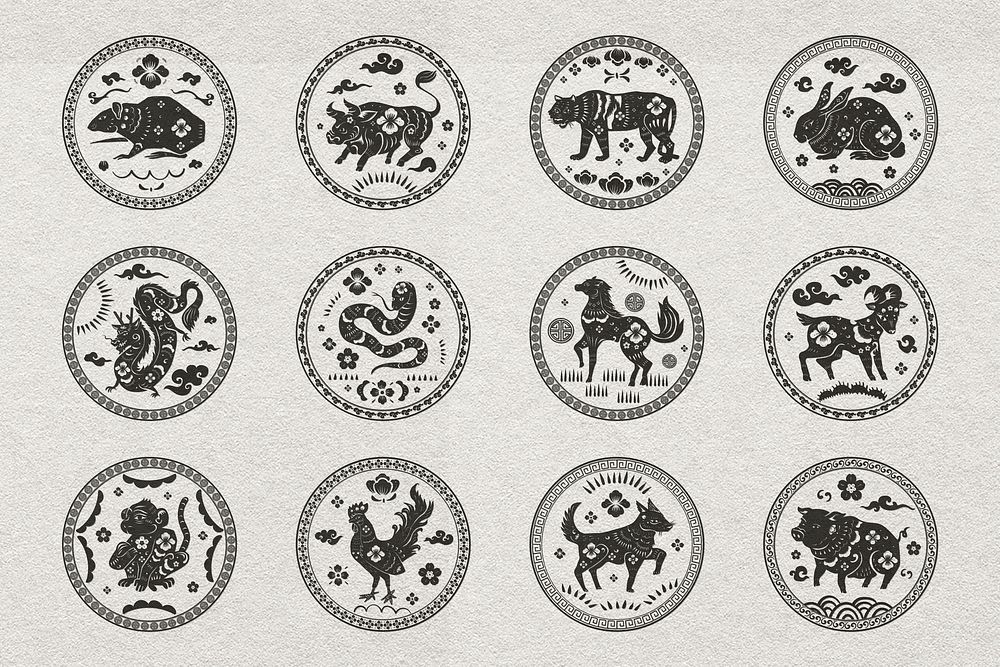 Chinese animal zodiac badges vector black new year stickers set