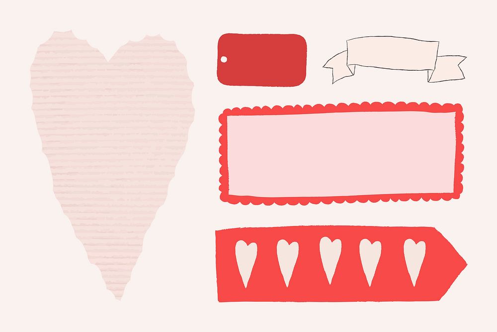 Valentine doodle design element psd decoration for stationary set