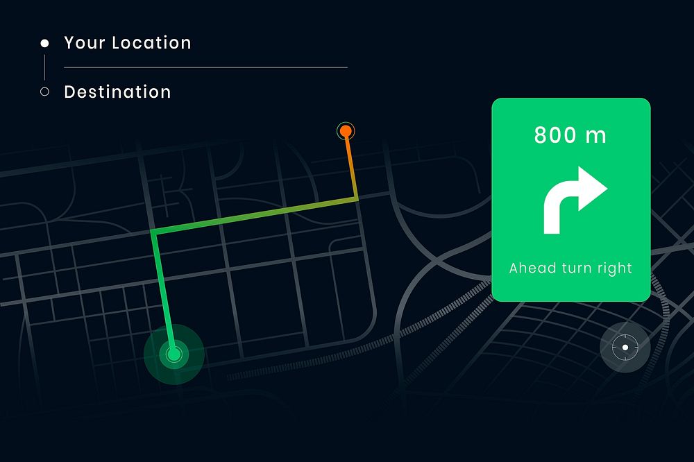 Car navigation map screen from your location to destination