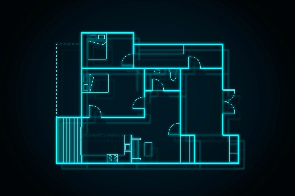 Home layout with furniture in neon