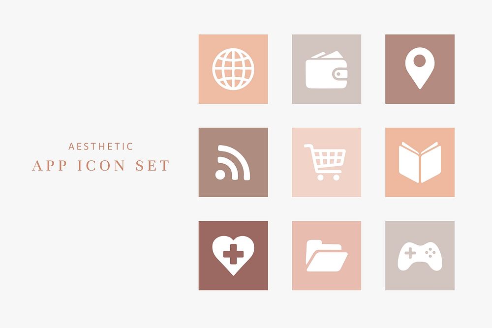 Mobile app icons psd beige theme simple flat style collection