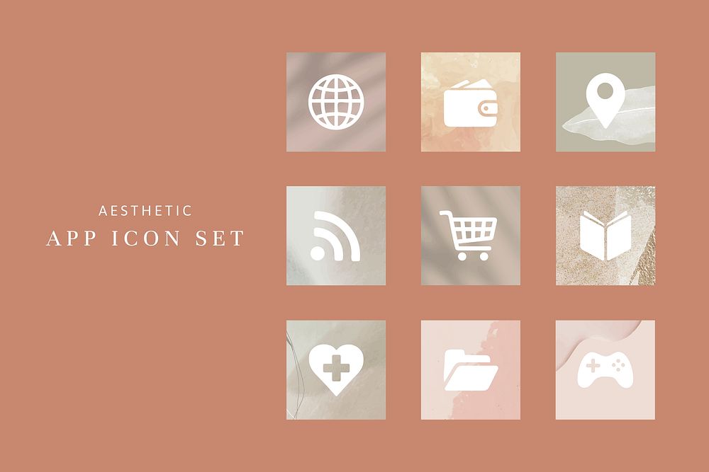 Aesthetic app icons psd earth tone theme for mobile phone set