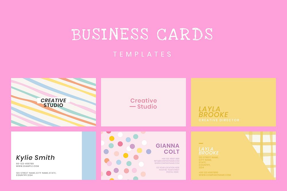 Editable business card template vector in cute pastel pattern set