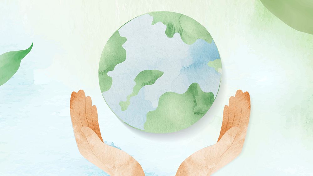 Watercolor background vector with hands protecting the world illustration 