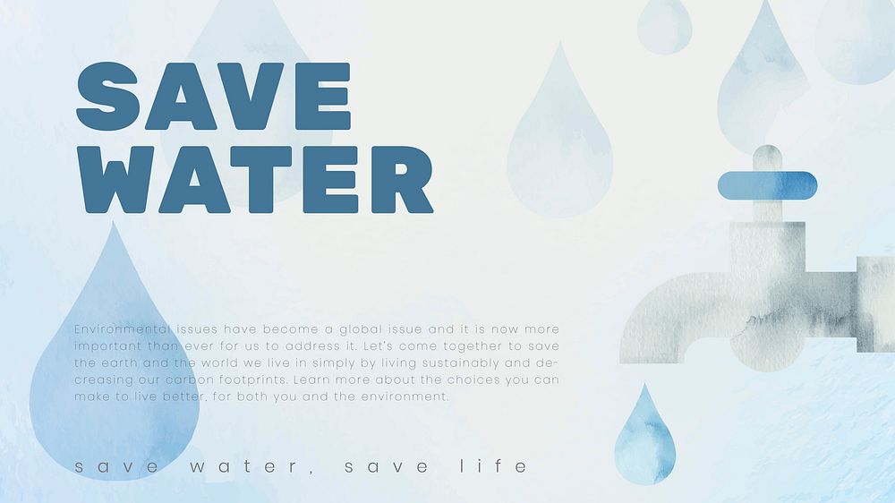 Editable environment presentation template vector with save water text in watercolor