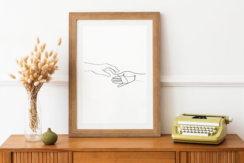 Frame mockup psd with minimal aesthetic hands line art graphic