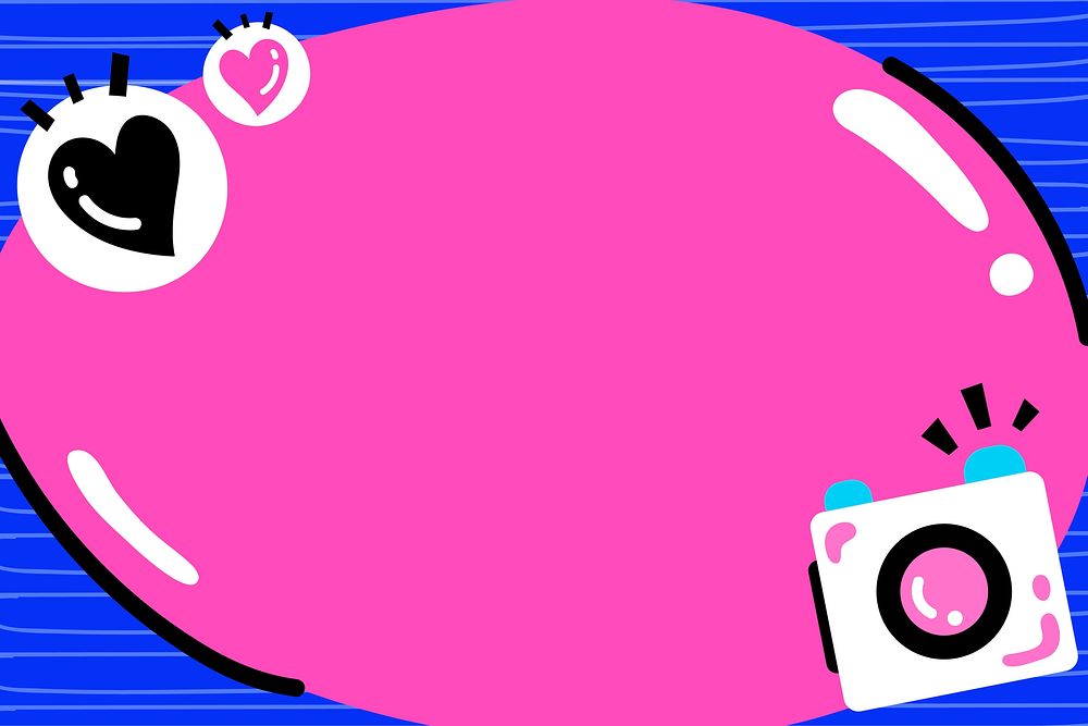 Blue frame with heart and camera icons on pink background