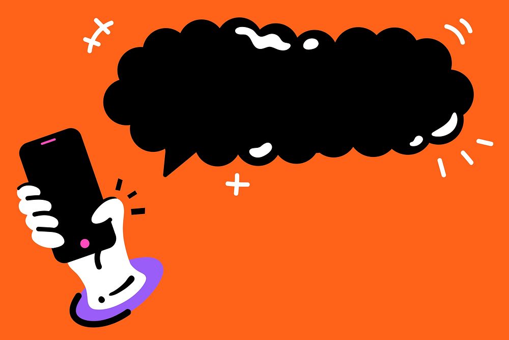Black speech bubble vector on orange background with hand icon