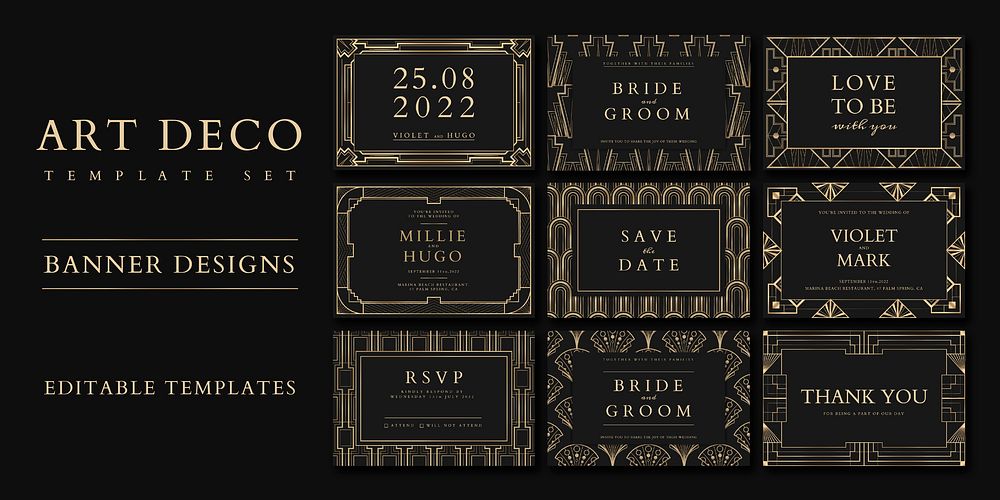 Wedding invitation vector set template for social media banner with art deco patterns