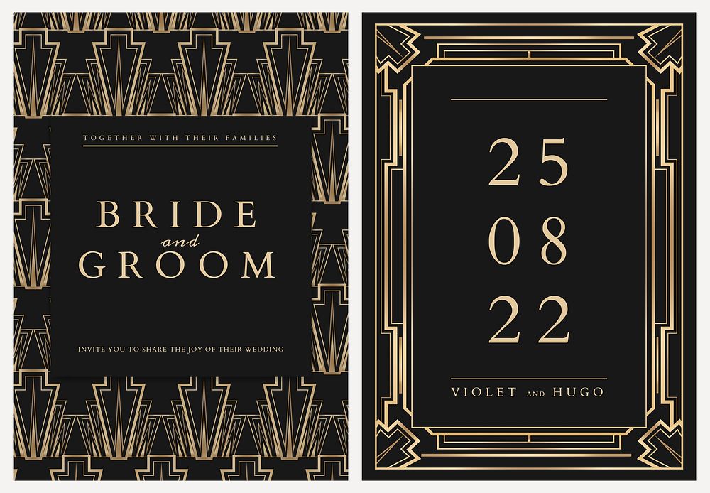 Wedding invitation card template vector with gold geometric art deco style set