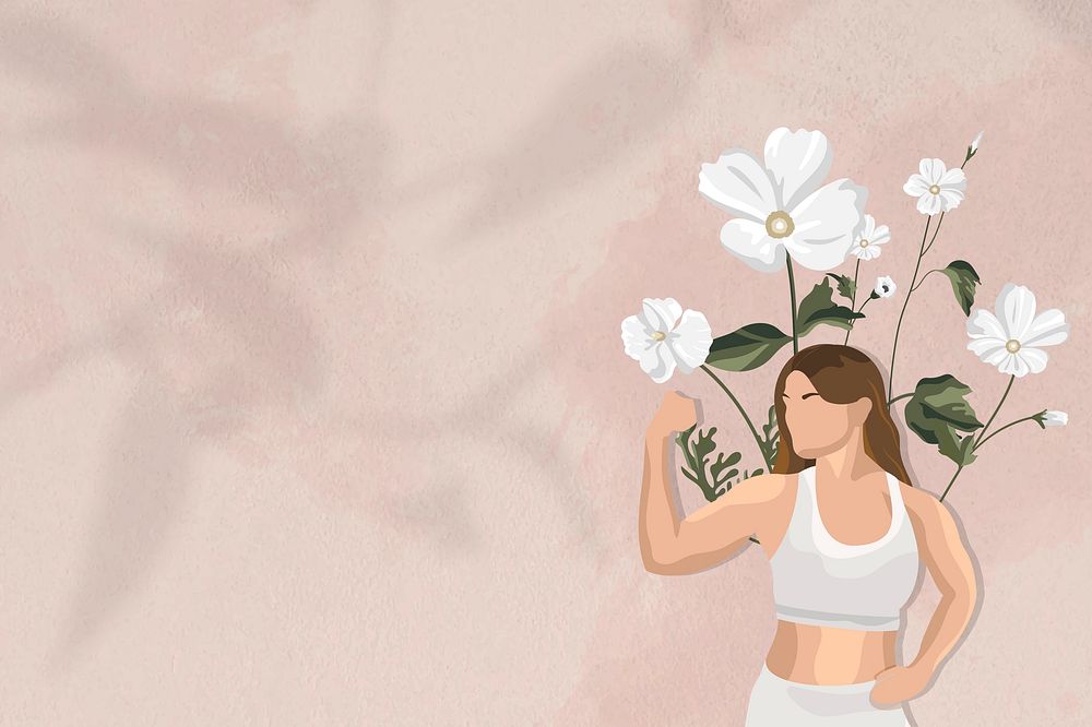 Flexing muscles border background with floral yoga woman illustration