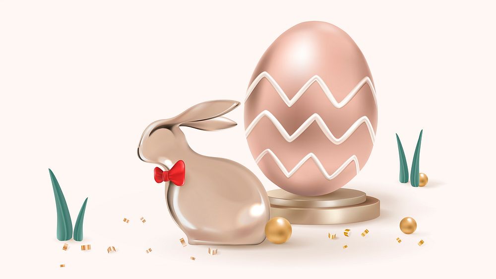 Rose gold Easter background 3D celebration with bunny and eggs