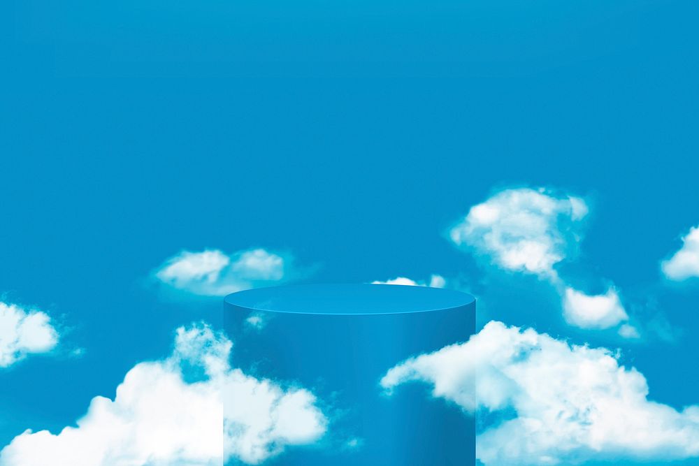 Blue 3D product podium with clouds in modern style