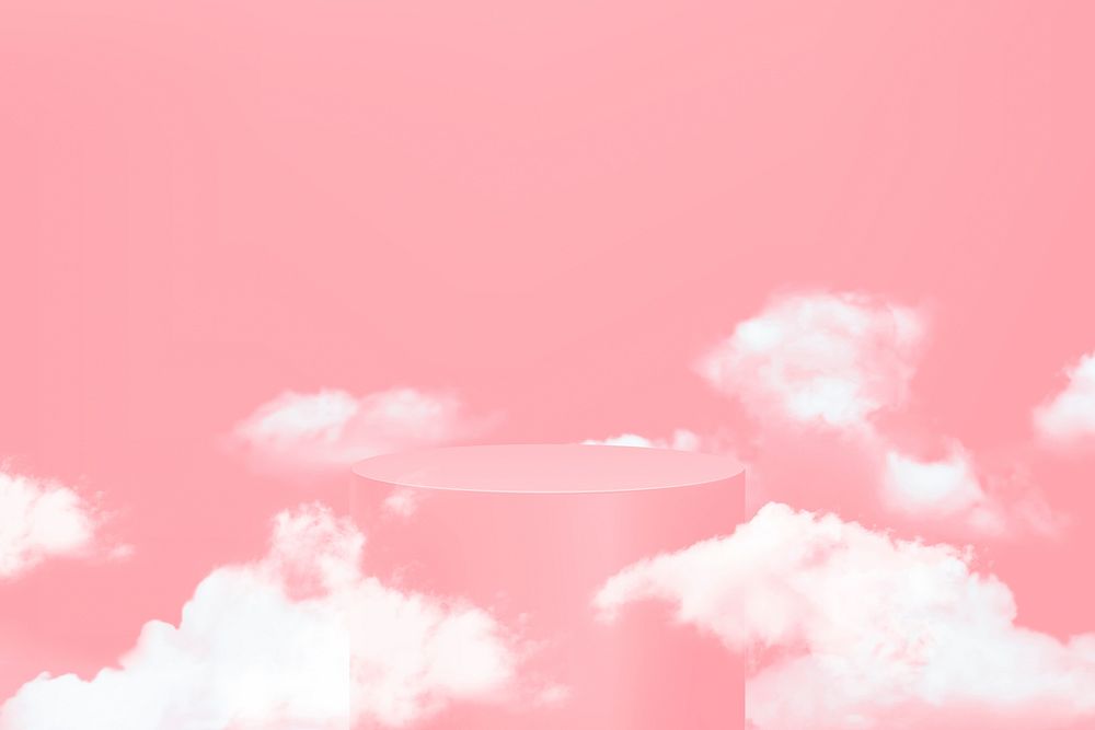 Pink 3D product podium with clouds in simple style